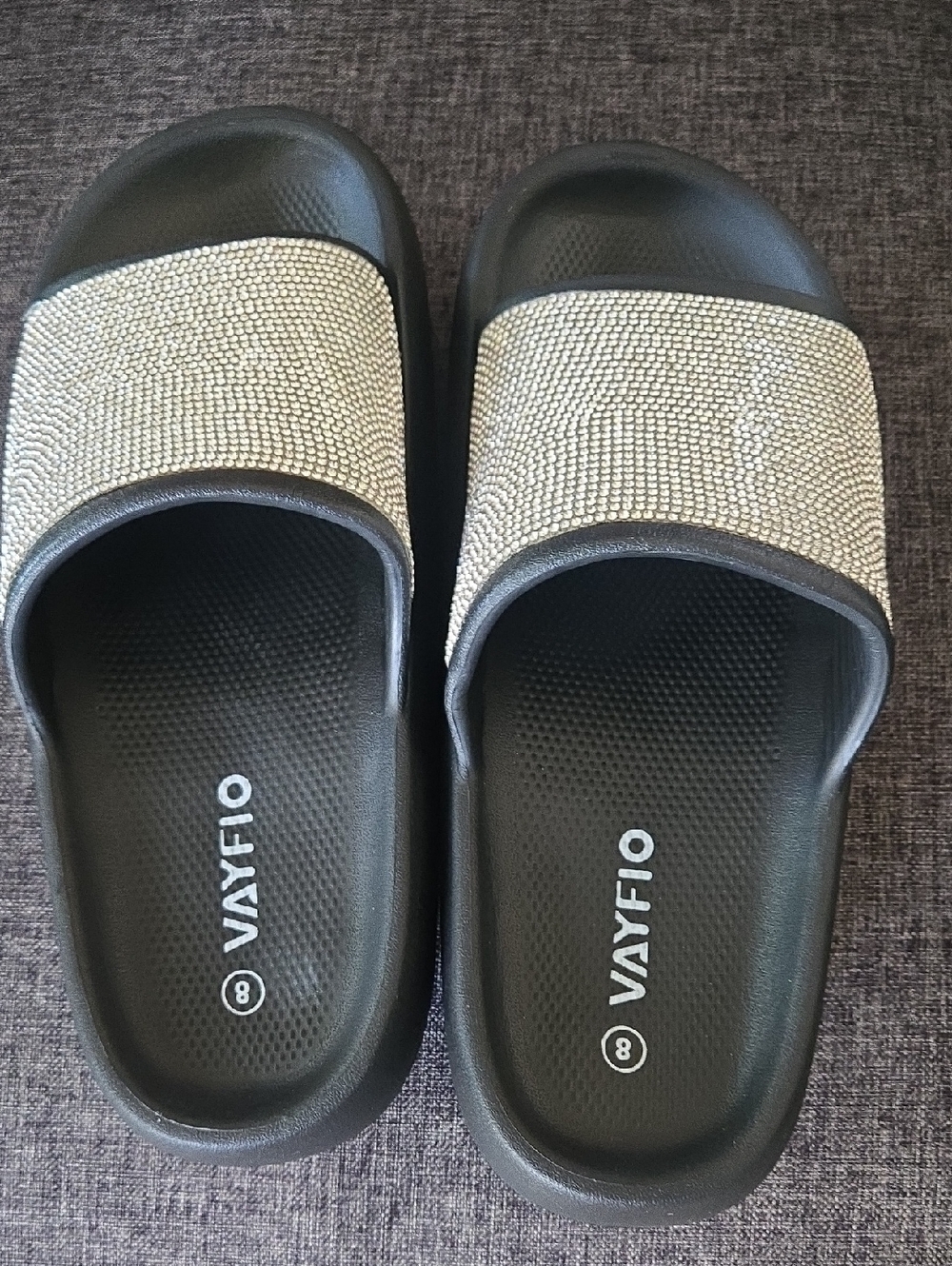 Vayfio Women's Black Slide Sandals with Rhinestone Strap